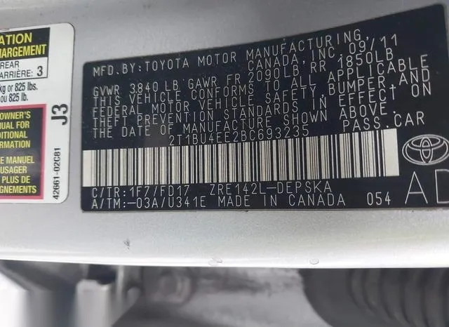 2T1BU4EE2BC693235 2011 2011 Toyota Corolla- S 9