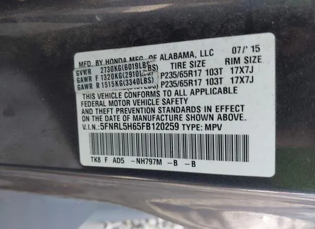 5FNRL5H65FB120259 2015 2015 Honda Odyssey- Ex-L 9