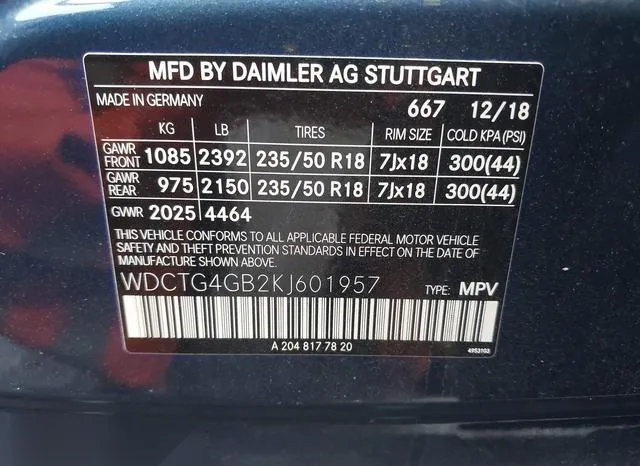 WDCTG4GB2KJ601957 2019 2019 Mercedes-Benz GLA 250- 4Matic 9