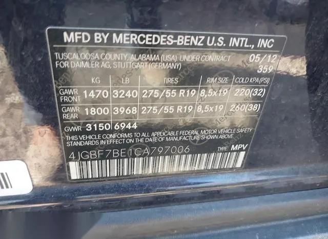 4JGBF7BE1CA797006 2012 2012 Mercedes-Benz GL 450- 4Matic 9