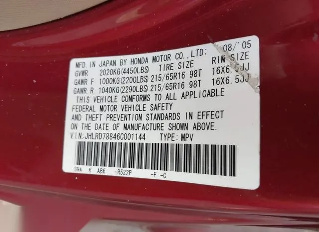 JHLRD78846C001144 2006 2006 Honda CR-V- EX 9