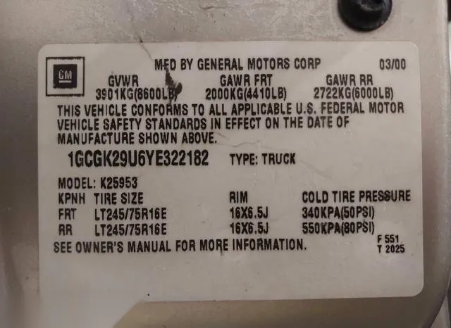 1GCGK29U6YE322182 2000 2000 Chevrolet Silverado 2500- LS 9