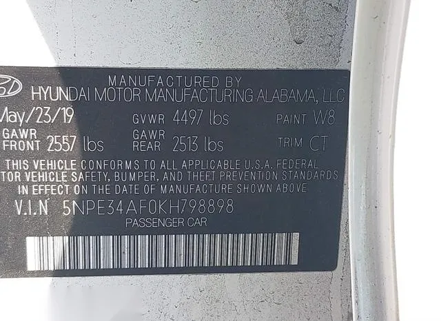 5NPE34AF0KH798898 2019 2019 Hyundai Sonata- Sel 9