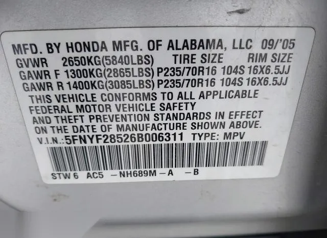 5FNYF28526B006311 2006 2006 Honda Pilot- Ex-L 9