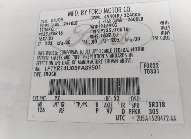 1FTYR14U05PA89501 2005 2005 Ford Ranger- Edge/Stx/Xl/Xlt 9