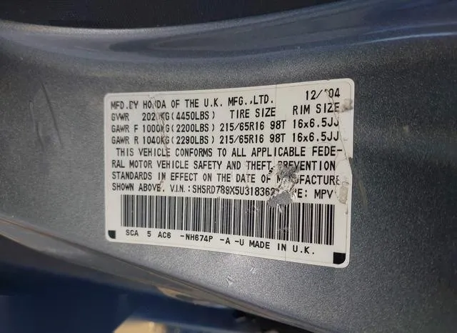 SHSRD789X5U318362 2005 2005 Honda CR-V- SE 9