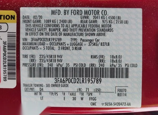 3FA6P0CD2LR195789 2020 2020 Ford Fusion- Sel 9