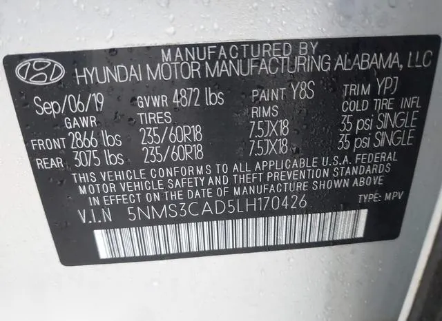 5NMS3CAD5LH170426 2020 2020 Hyundai Santa Fe- Sel 9