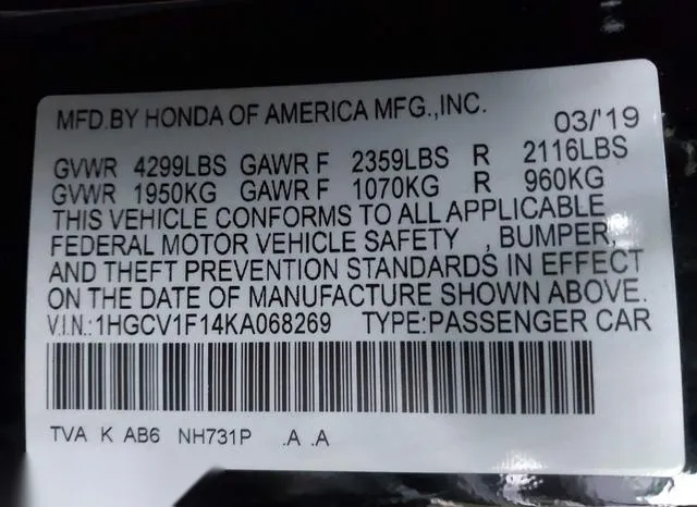 1HGCV1F14KA068269 2019 2019 Honda Accord- LX 9