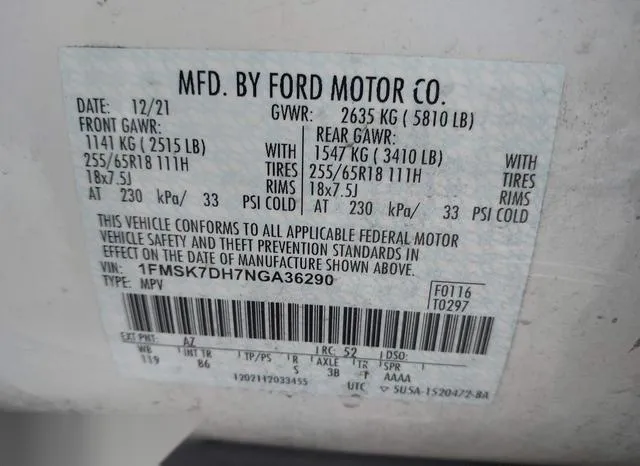 1FMSK7DH7NGA36290 2022 2022 Ford Explorer- Xlt 9