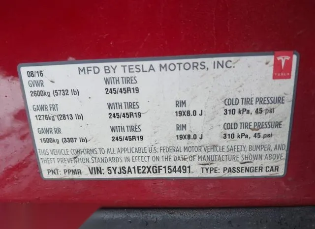 5YJSA1E2XGF154491 2016 2016 Tesla Model S- 60D/70D/75D/85D/90D 9