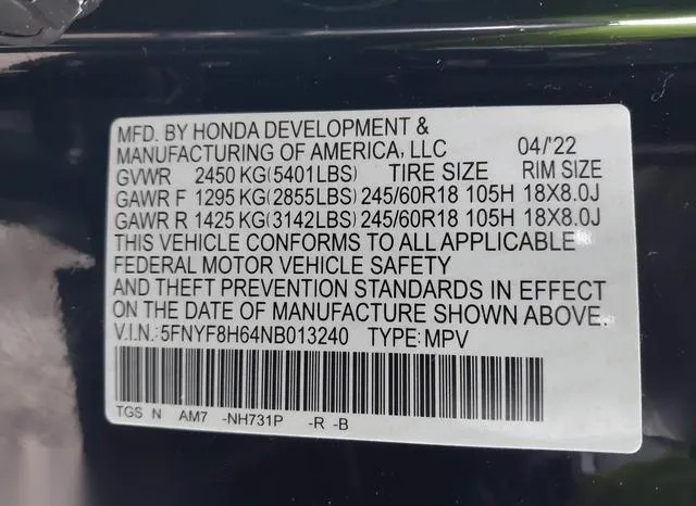 5FNYF8H64NB013240 2022 2022 Honda Passport- Awd Trailsport 9