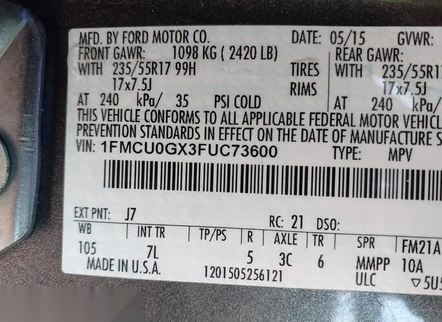 1FMCU0GX3FUC73600 2015 2015 Ford Escape- SE 9