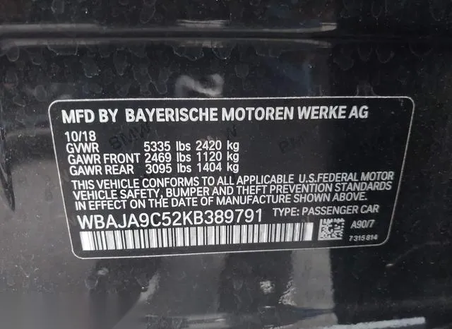 WBAJA9C52KB389791 2019 2019 BMW 5 Series- 530E Iperformance 9