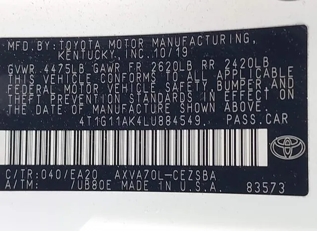 4T1G11AK4LU884549 2020 2020 Toyota Camry- SE 9