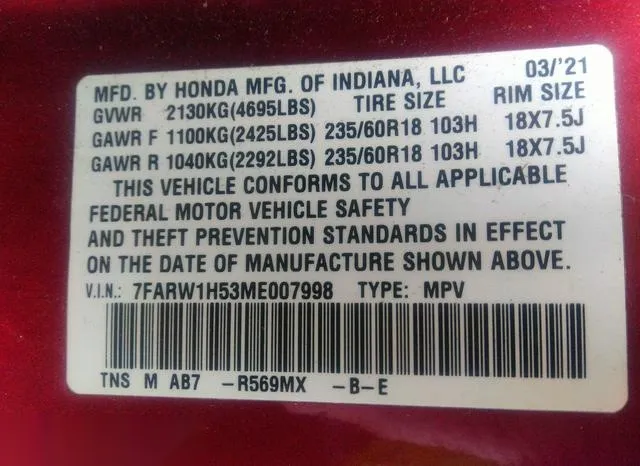 7FARW1H53ME007998 2021 2021 Honda CR-V- 2Wd Ex 9