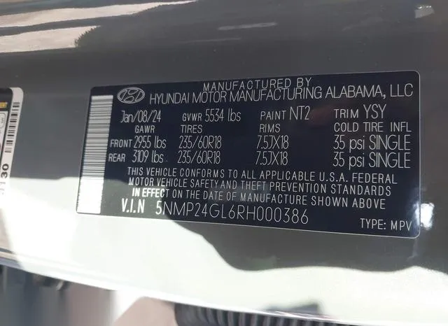 5NMP24GL6RH000386 2024 2024 Hyundai Santa Fe- Sel 9