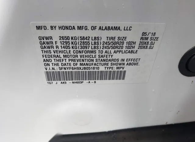 5FNYF6H9XJB051810 2018 2018 Honda Pilot- Touring 9