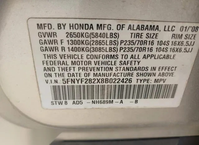 5FNYF282X8B022426 2008 2008 Honda Pilot- VP 9