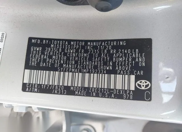 5YFEPMAE1MP192334 2021 2021 Toyota Corolla- LE 9