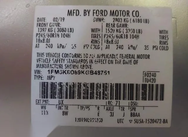 1FM5K8D89KGB48751 2019 2019 Ford Explorer- Xlt 9