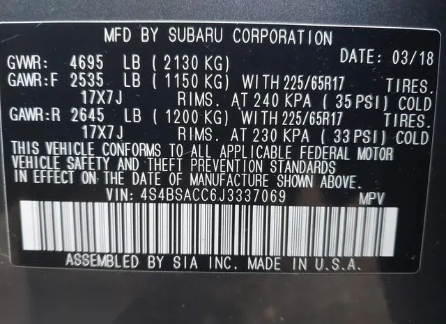 4S4BSACC6J3337069 2018 2018 Subaru Outback- 2-5I Premium 9