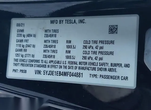 5YJ3E1EB4MF044881 2021 2021 Tesla Model 3- Long Range Dual 9