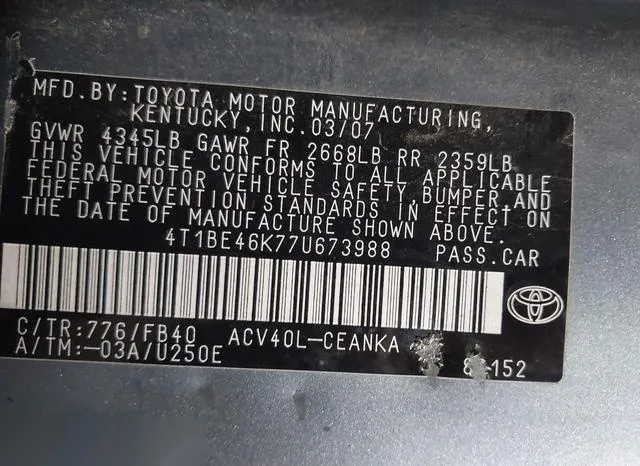 4T1BE46K77U673988 2007 2007 Toyota Camry- LE 9