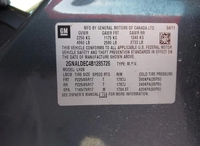 2GNALDEC4B1285726 2011 2011 Chevrolet Equinox- 1LT 9