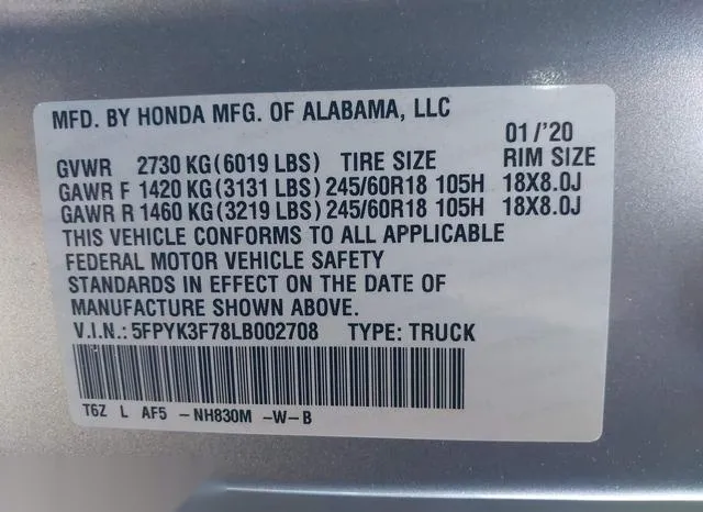 5FPYK3F78LB002708 2020 2020 Honda Ridgeline- Rtl-E 9