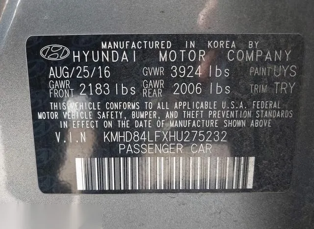 KMHD84LFXHU275232 2017 2017 Hyundai Elantra- Value Edition 9