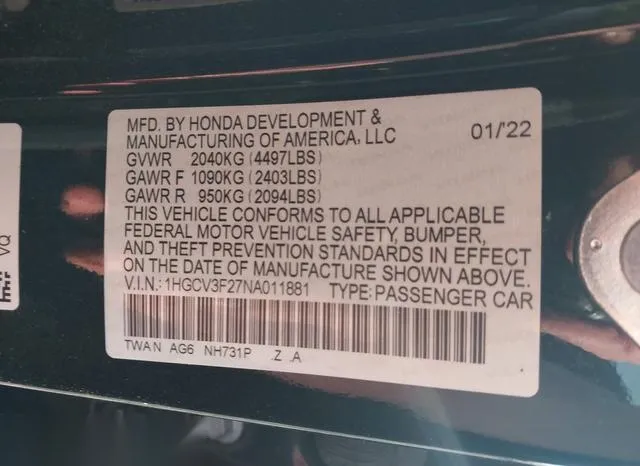 1HGCV3F27NA011881 2022 2022 Honda Accord- Hybrid Sport 9