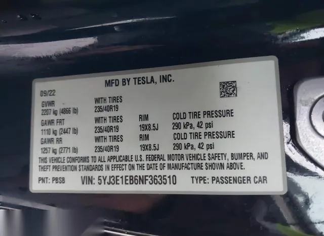 5YJ3E1EB6NF363510 2022 2022 Tesla Model 3- Long Range Dual 9