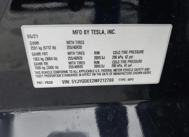 5YJYGDEE2MF212769 2021 2021 Tesla Model Y- Long Range Dual 9