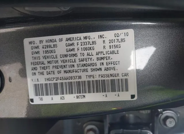 1HGCP2F45AA093738 2010 2010 Honda Accord- 2-4 Lx-P 9