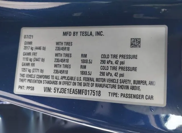 5YJ3E1EA5MF017518 2021 2021 Tesla Model 3- Standard Range P 9