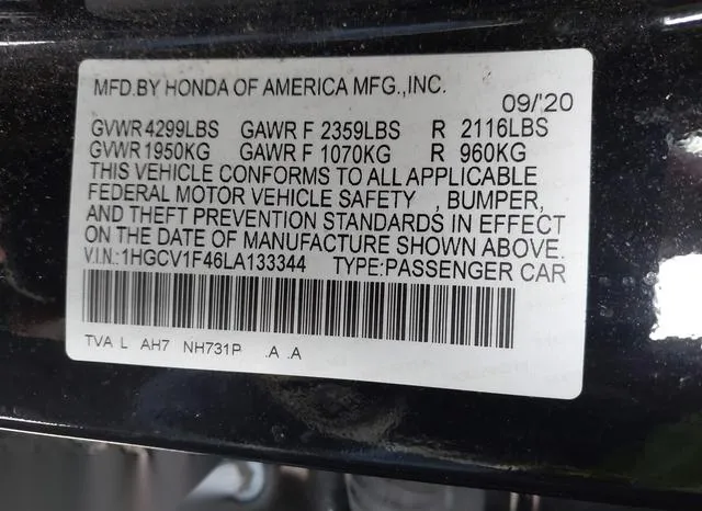 1HGCV1F46LA133344 2020 2020 Honda Accord- EX 9