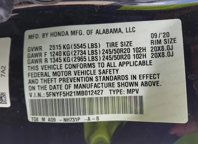 5FNYF5H21MB012427 2021 2021 Honda Pilot- 2Wd Special Edition 9