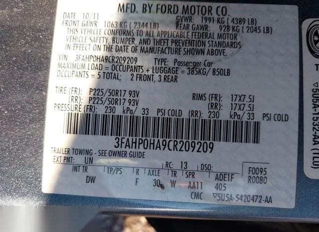 3FAHP0HA9CR209209 2012 2012 Ford Fusion- SE 9