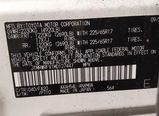 JTMRWRFV1MD127447 2021 2021 Toyota RAV4- Hybrid Xle 9