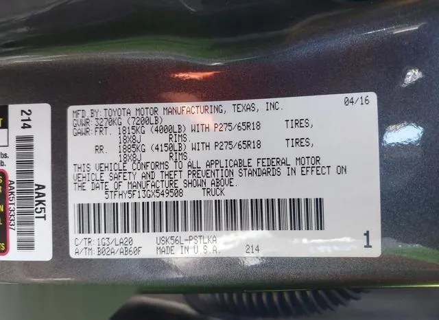 5TFHY5F13GX549508 2016 2016 Toyota Tundra- Limited 5-7L V8 9