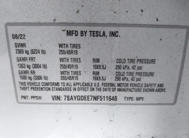 7SAYGDEE7NF511646 2022 2022 Tesla Model Y- Long Range Dual 9