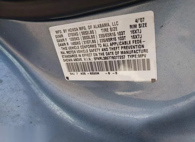 5FNRL38677B077257 2007 2007 Honda Odyssey- Ex-L 9