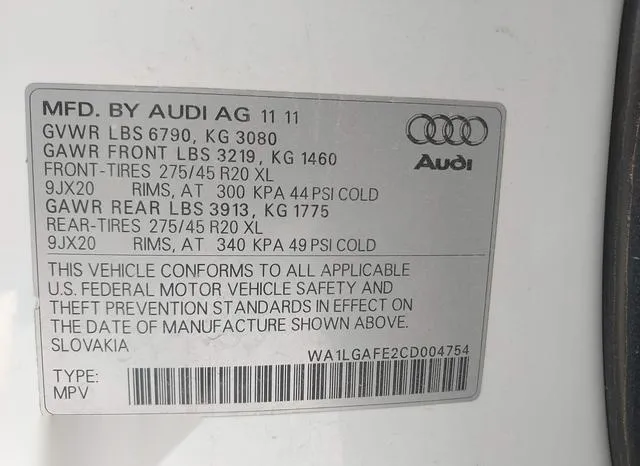 WA1LGAFE2CD004754 2012 2012 Audi Q7- 3-0T Premium 9