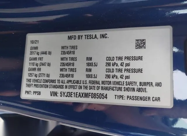 5YJ3E1EAXMF085054 2021 2021 Tesla Model 3- Standard Range P 9