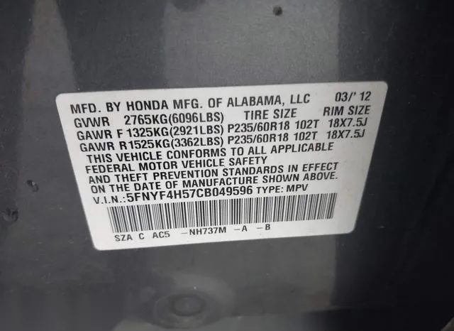 5FNYF4H57CB049596 2012 2012 Honda Pilot- Ex-L 9