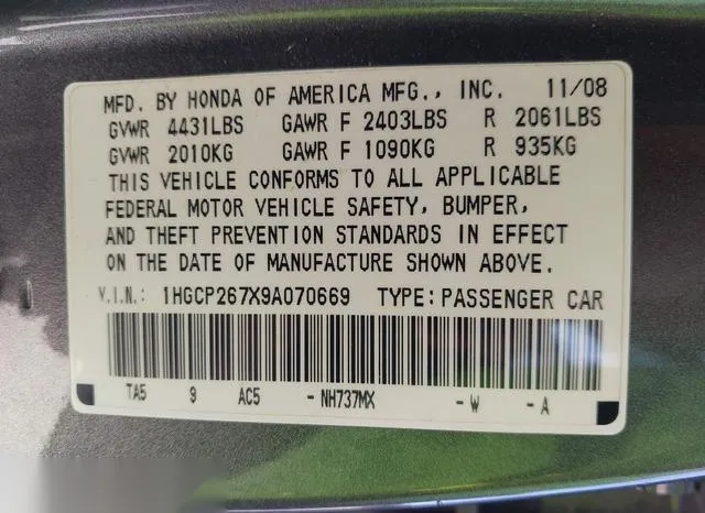 1HGCP267X9A070669 2009 2009 Honda Accord- 2-4 EX 9