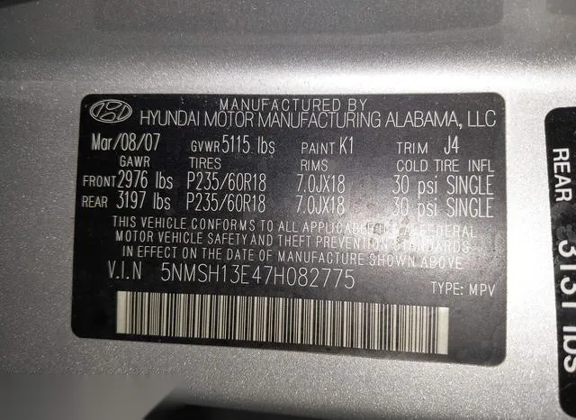 5NMSH13E47H082775 2007 2007 Hyundai Santa Fe- Limited/Se 9