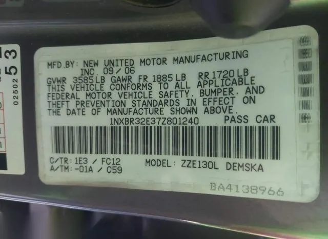 1NXBR32E37Z801240 2007 2007 Toyota Corolla- S 9