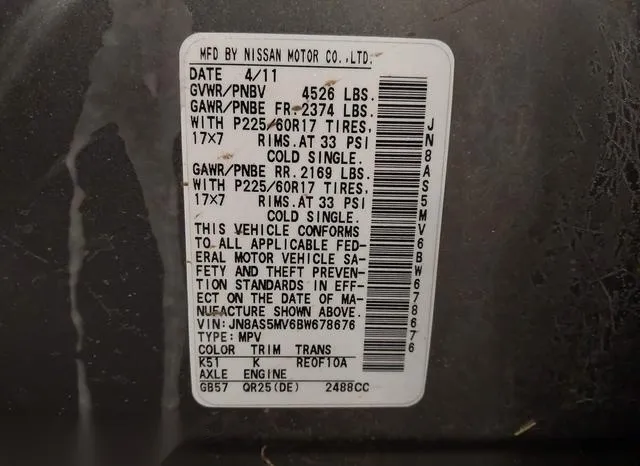 JN8AS5MV6BW678676 2011 2011 Nissan Rogue- SV 9